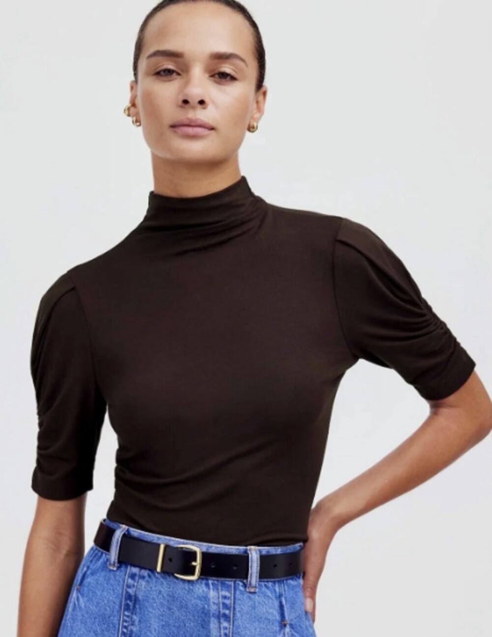 NWT Madewell Mock Neck Puff Sleeve Knit Top Brown Size M